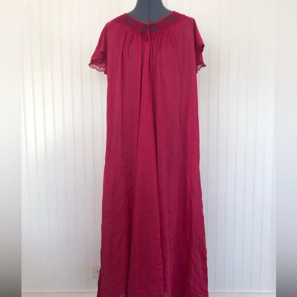 Vintage Pink Nightgown Silky Satin Lace Fuchsia Magenta Short Sleeve 70s 80s - Picture 7 of 7